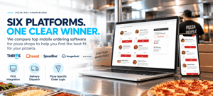 Pizza POS comparison graphic - six platforms compared on POS integration, delivery dispatch, and pizza-specific order logic, with logos for Thrive POS, Toast, SpeedLine, and HungerRush