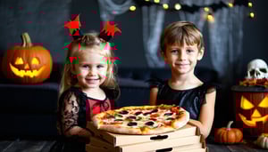 Halloween Party with kids in costumes and a stack